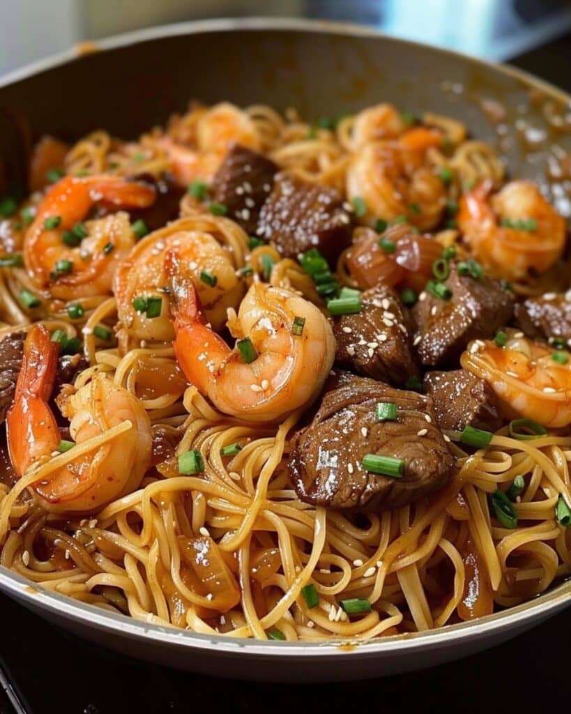 Teriyaki Noodles with Shrimp and Steak Recipe