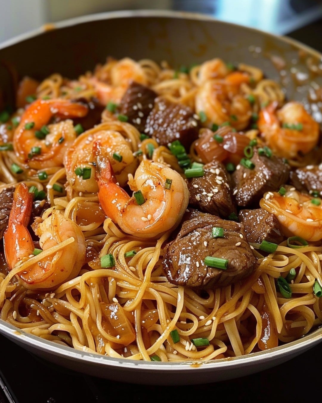 Teriyaki Noodles with Shrimp and Steak Recipe