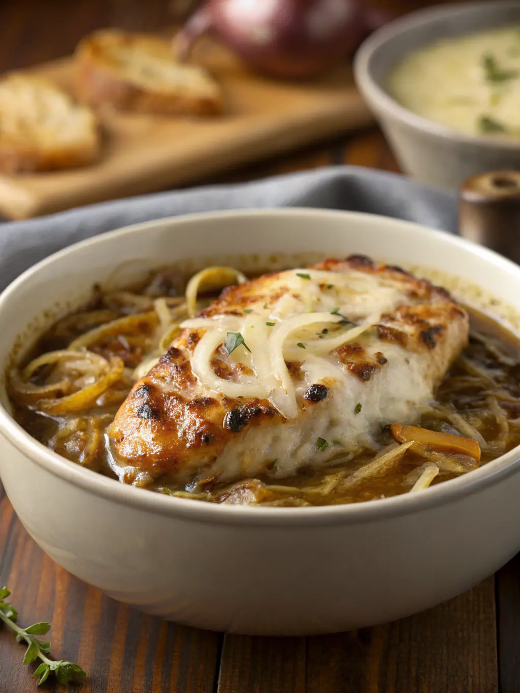 Craving cozy comfort? Elevate dinner with french onion soup chicken—caramelized onions, tender chicken, and melted cheese in one pan! Learn the easy, savory recipe tonight.