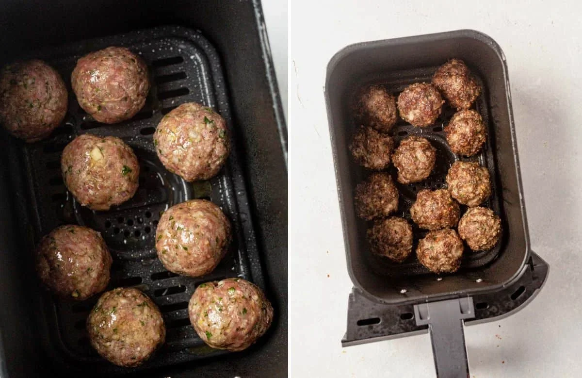 golden brown meatballs cooking in air fryer basket with space between them