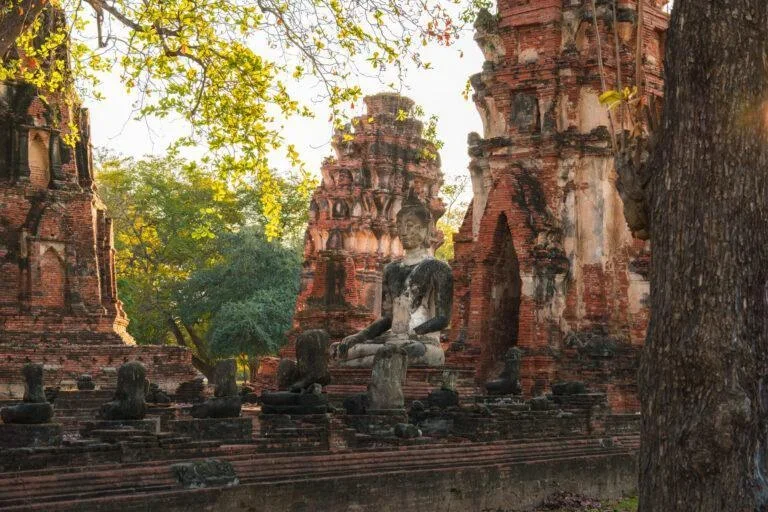 ancient temple ruins in Ayutthaya historical park during a day trip