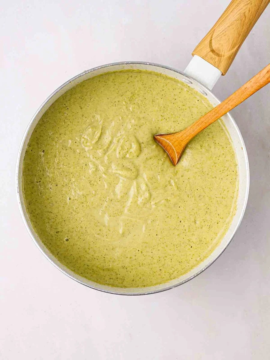 Finished broccoli and stilton soup in bowl ready to serve