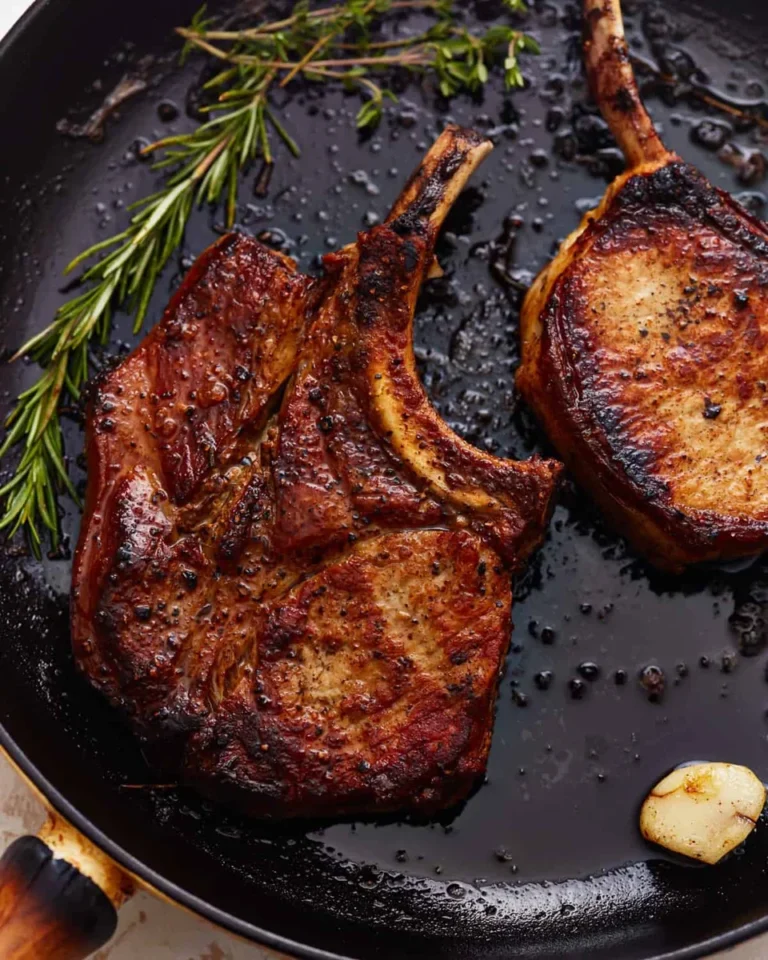pork chops sizzling in hot cast iron skillet with golden crust