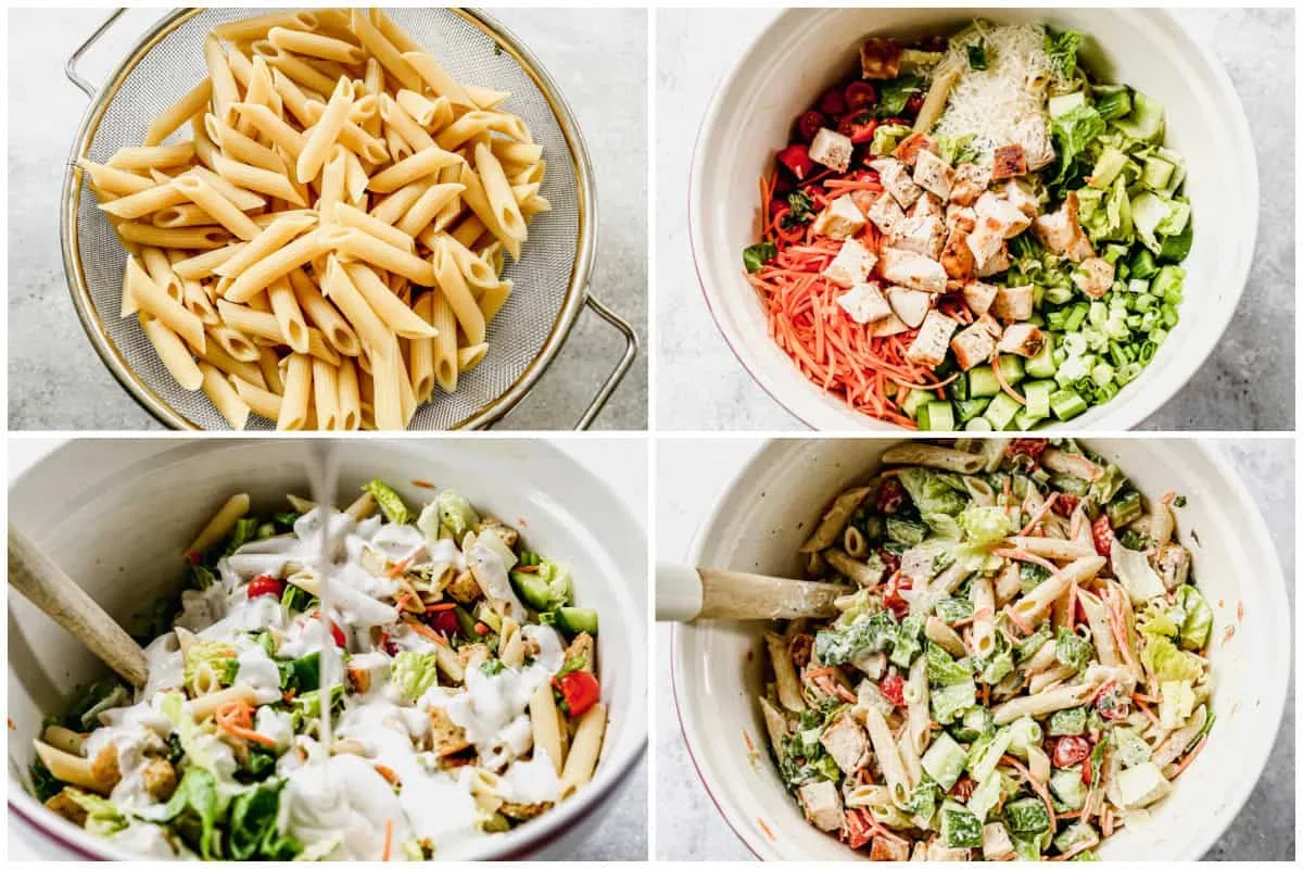 large bowl of chicken caesar pasta salad with penne, romaine, and vegetables
