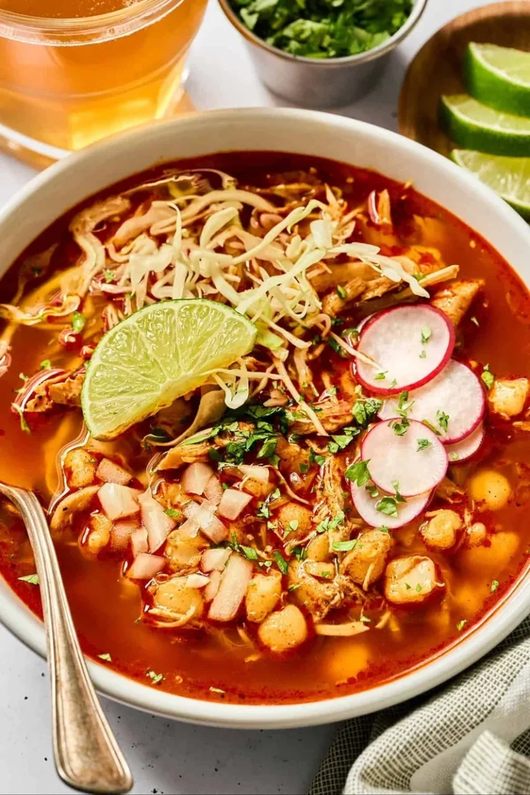 red chicken pozole rojo simmering in a pot with hominy and chilies
