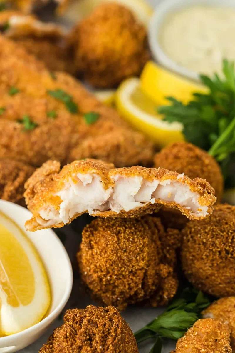 Authentic Mississippi Fried Catfish Recipe That's Crispy & Tender 9 properly fried catfish fillets draining on wire rack with crispy golden coating