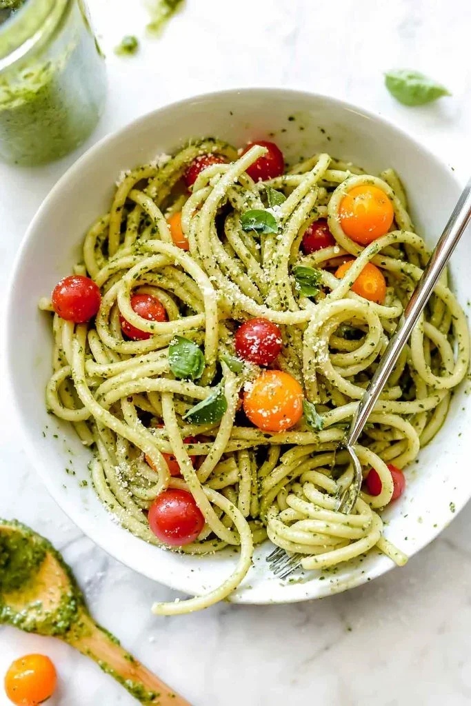 THE BEST Fresh Basil and Pine Nut Pesto - foodiecrush 7 vibrant green finished basil pesto in bowl