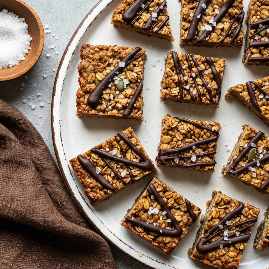 Finished quinoa granola bars with chocolate drizzle and sea salt on cooling rack