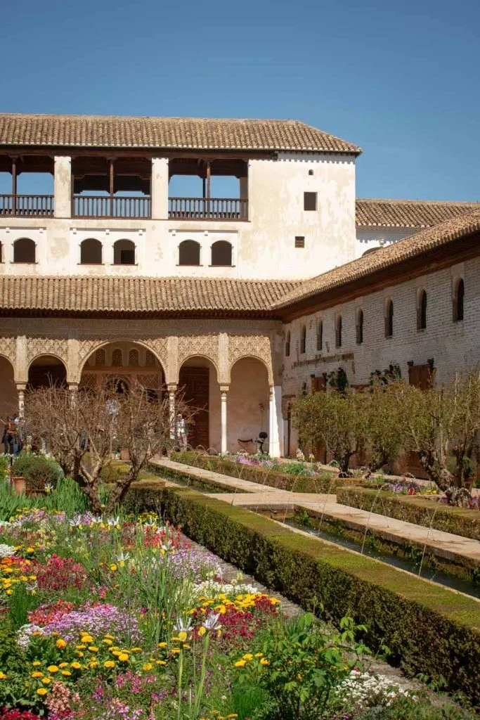 terraced gardens and water features at Generalife Palace in Granada Spain
