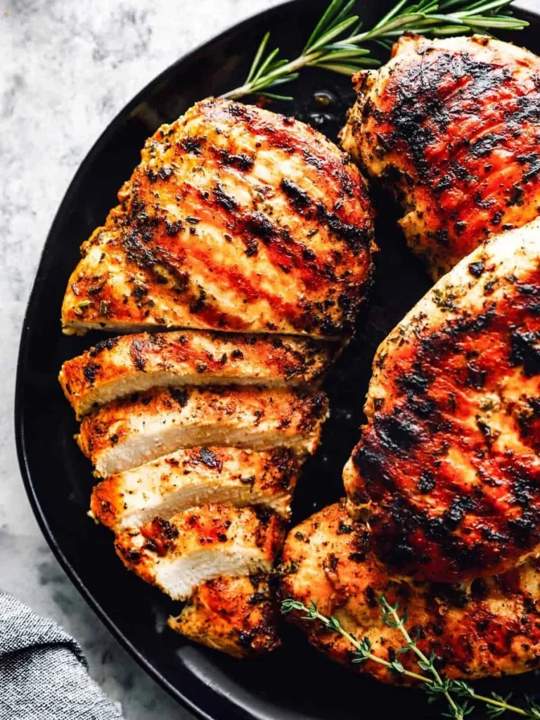closeup of chicken breasts in olive oil marinade with fresh herbs and garlic
