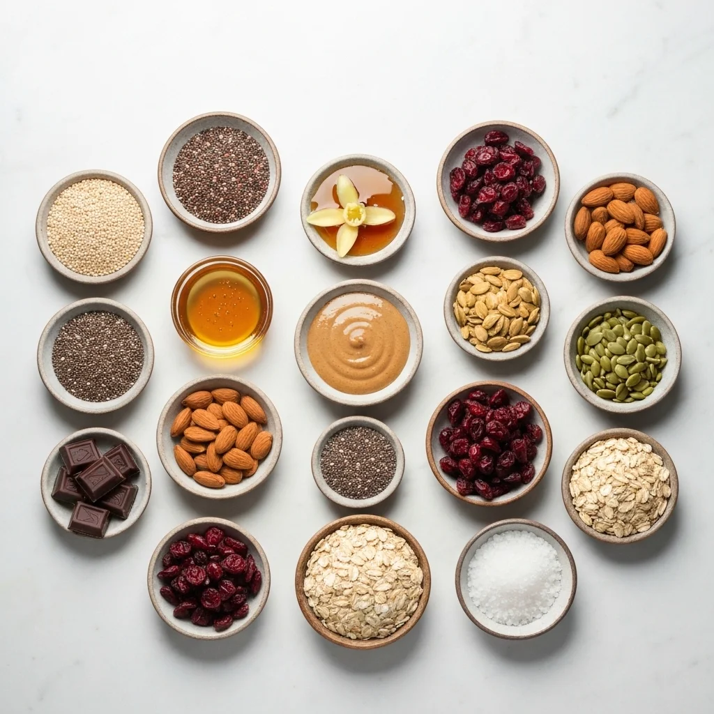 Mixing bowl with oats, uncooked quinoa, Medjool dates, and cranberries for homemade granola bars