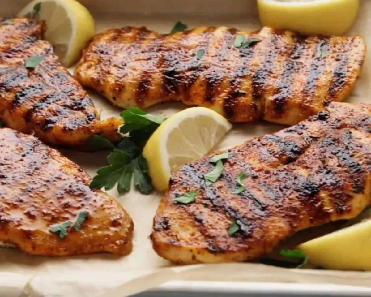 perfectly grilled marinated chicken resting after checking internal temperature