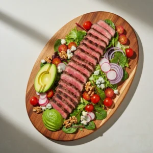 Steak Salad Recipe with Blue Cheese and Apple 5 thinly sliced top sirloin steak showing proper cutting against the grain for salad