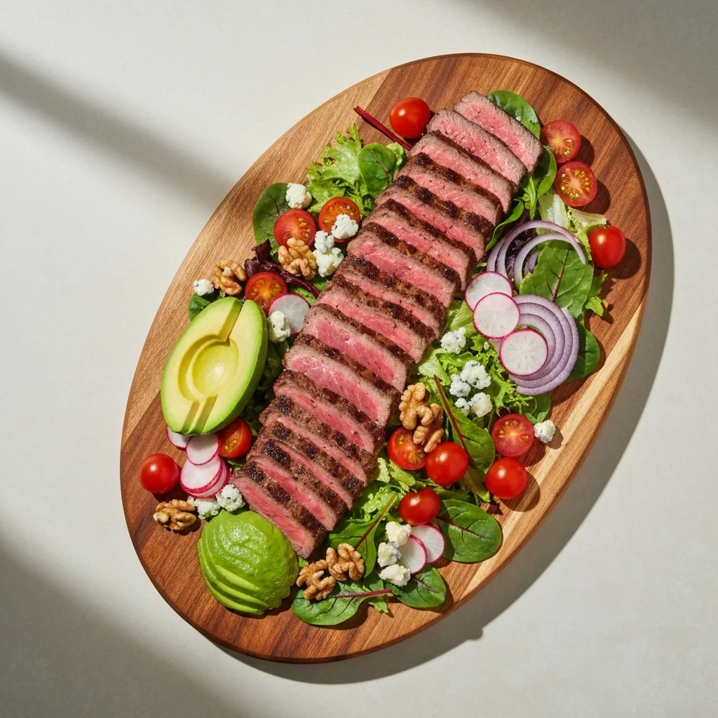 Steak Salad Recipe with Blue Cheese and Apple 1 thinly sliced top sirloin steak showing proper cutting against the grain for salad