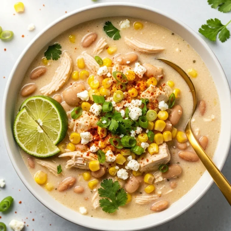 creamy street corn white chicken chili simmering in dutch oven with toppings
