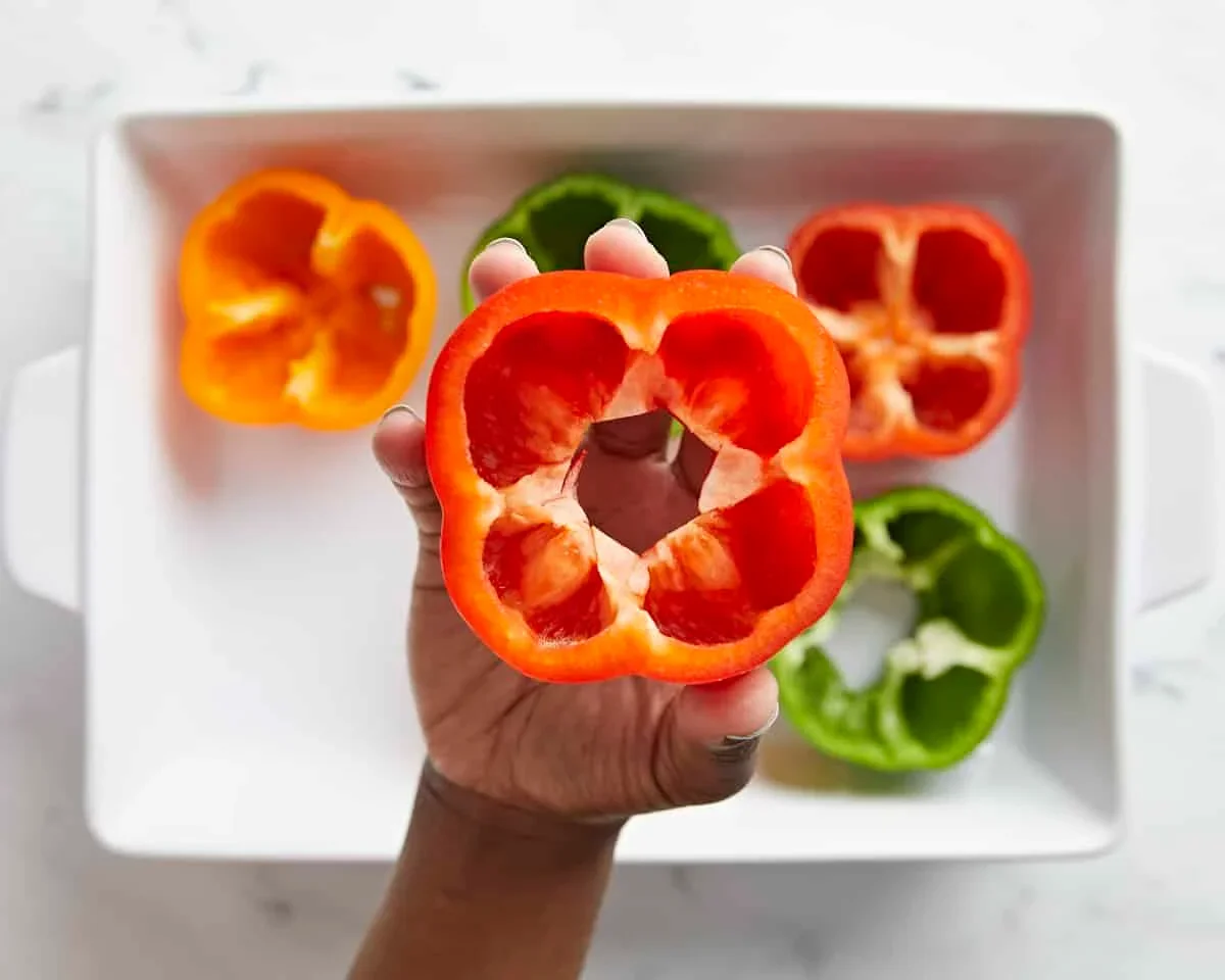 bell peppers cut horizontally showing flat bottoms for easy stuffing