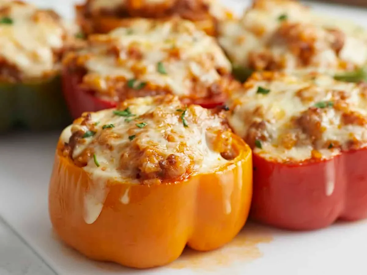 hearty Italian sausage stuffed peppers garnished with fresh parsley